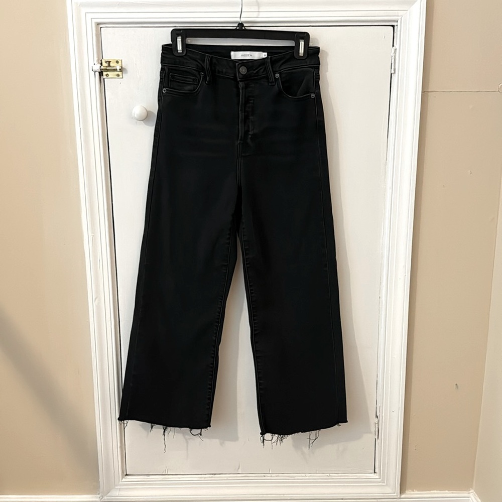 Vici Hidden Denim High Rise Cropped Wide Leg Black Distressed Jeans | Size 28